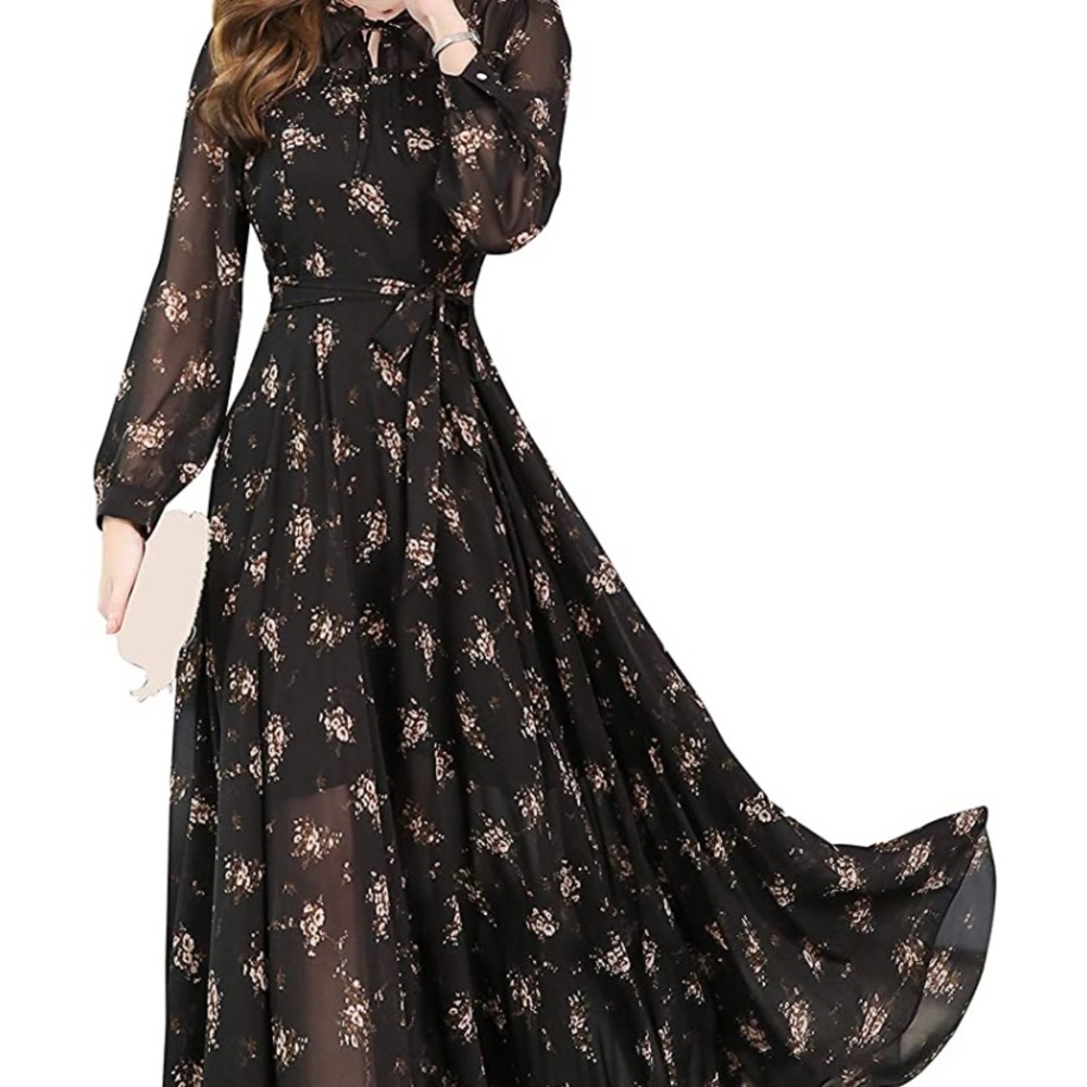 Women's Elegant V Neck Long Sleeve Flowy Maxi Dress, worn once - Picture 2 of 3